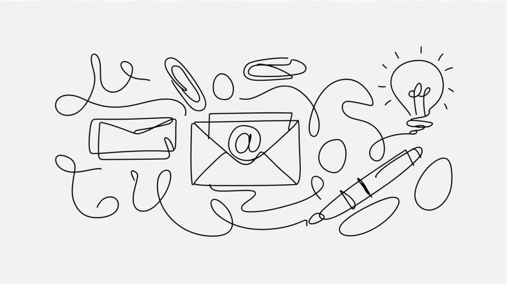 Creative sketch of an envelope with symbols for writing and ideas.