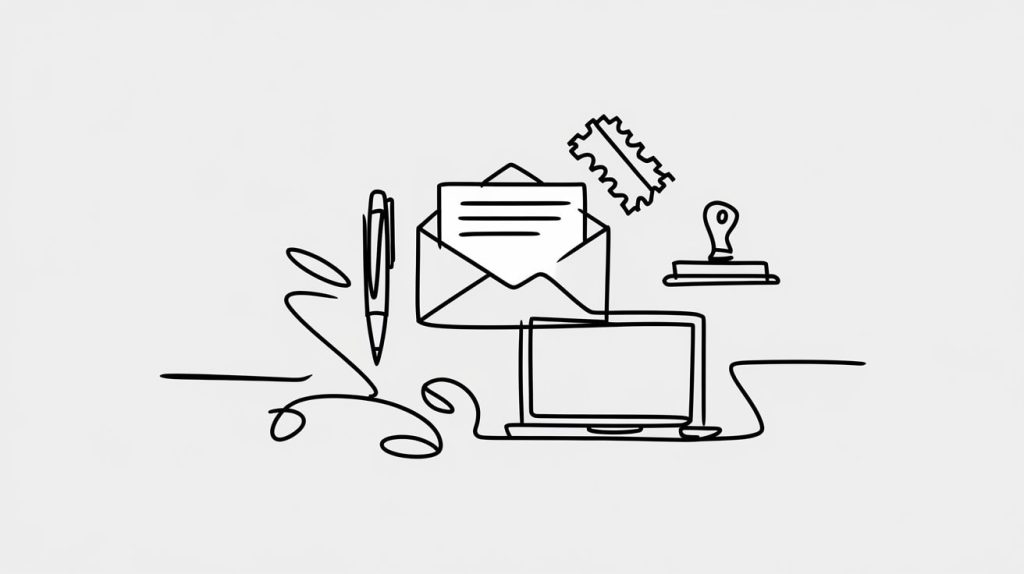 Simple line drawing of a desk setup with a laptop, an open envelope, a stamp, and a pen, representing tools for email correspondence.