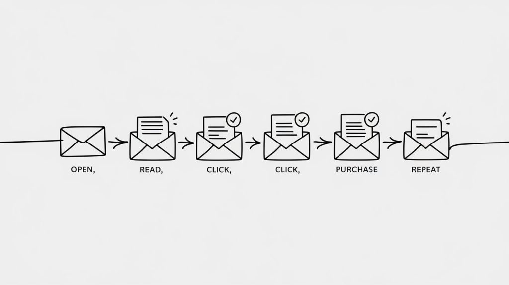  sequence of envelope illustrations labeled "Open, Read, Click, Purchase, Repeat."