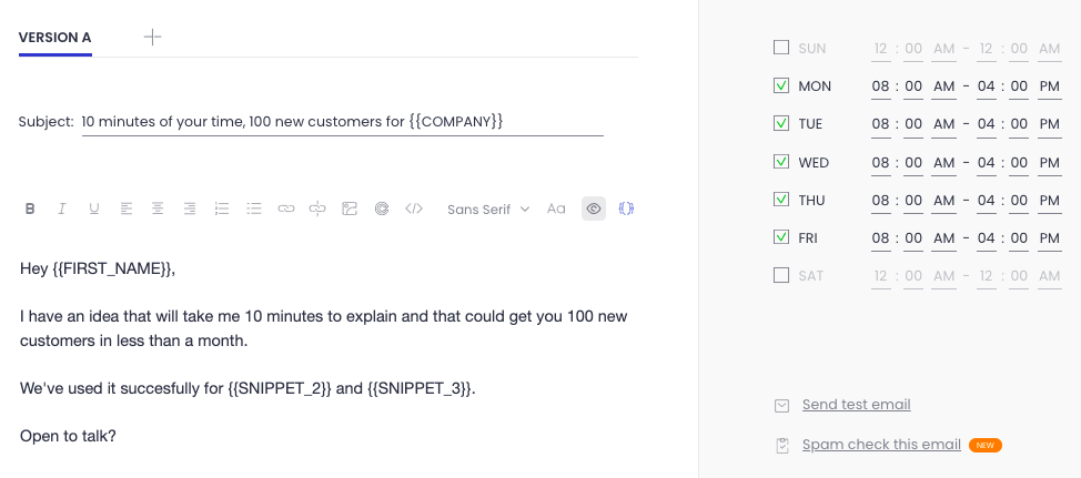 Woodpecker’s email template preview with placeholders for customization and scheduling options.