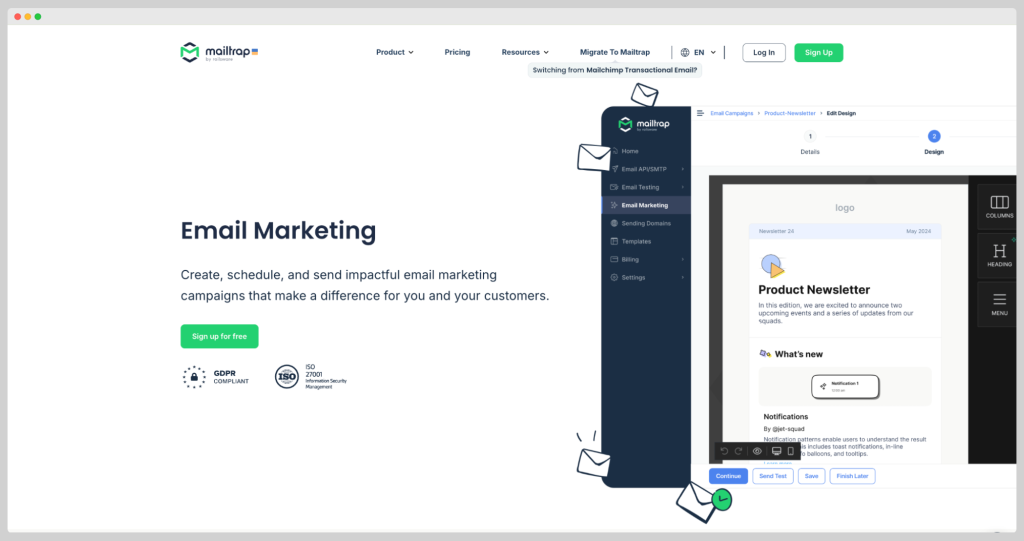 Mailtrap - homepage; an alternative to Mailmodo.