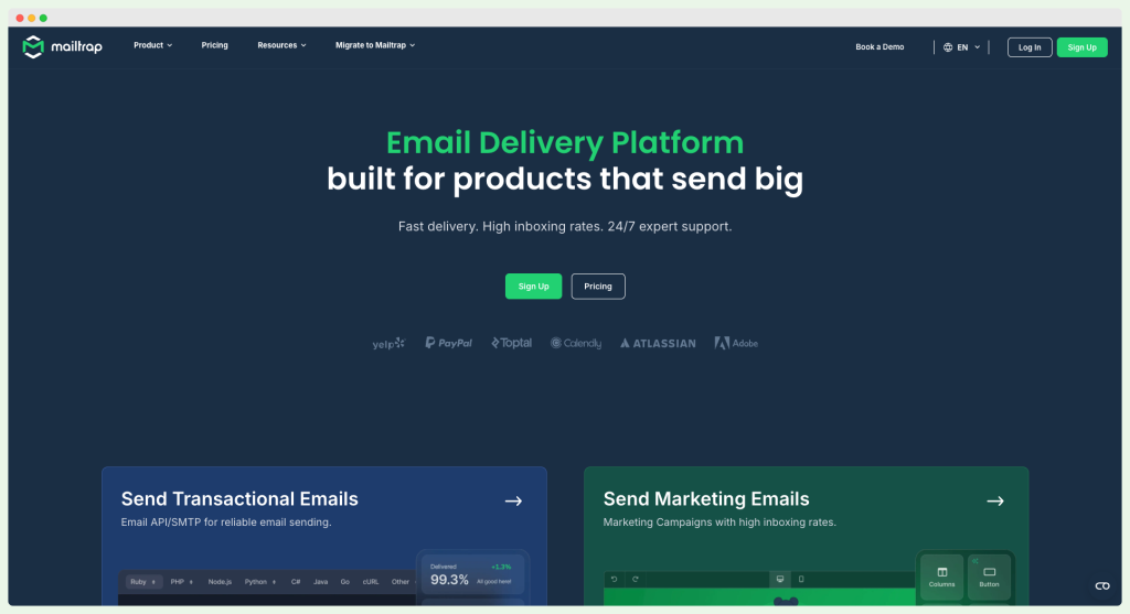 Mailtrap - homepage; an alternative to Customer