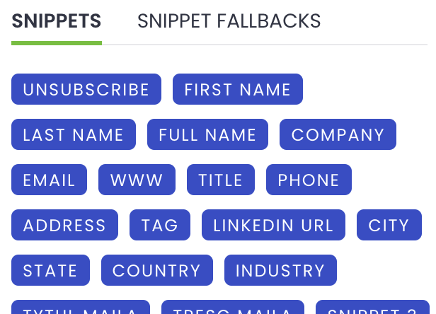 Various snippet options like first name, last name, email, company, and LinkedIn URL, used for email personalization.