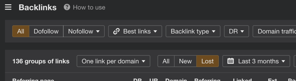 A dashboard showing backlinks data with filters for dofollow, nofollow, best links, and lost links.