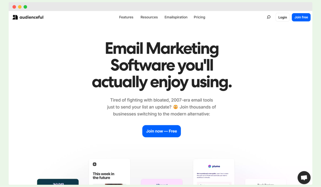 Audienceful as accessible, mobile-first, deliverability-optimized, and dark-mode-friendly, including onboarding lead magnets. Email marketing re-invented for the 2020s, claiming to be multiplayer, lightweight and setup for best practices by default.