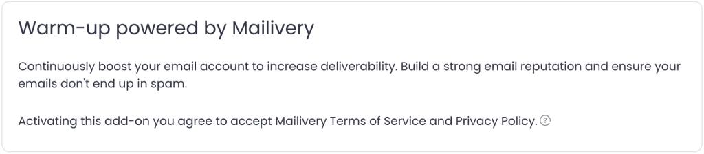 A notification explaining the benefits of an email warm-up service to improve deliverability and avoid spam folders.