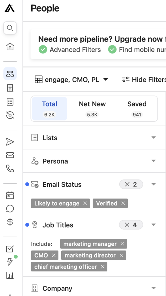 A filtered list of contacts with marketing-related job titles, email status, and engagement metrics.