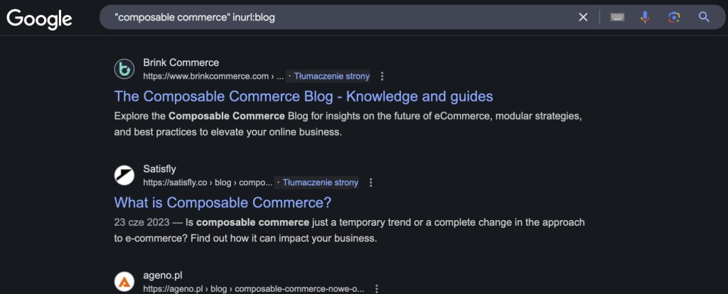 A dark mode Google search results page displaying blog articles related to "composable commerce.