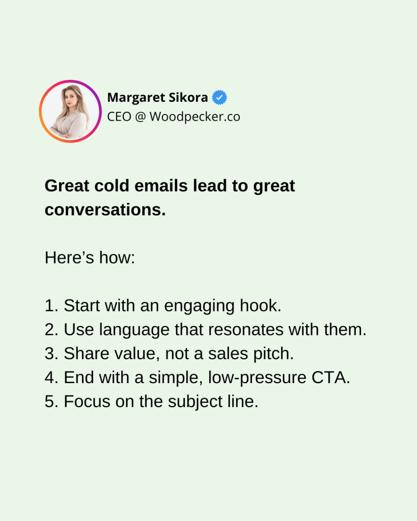 Margaret Sikora's LinkedIn post on cold email tips.