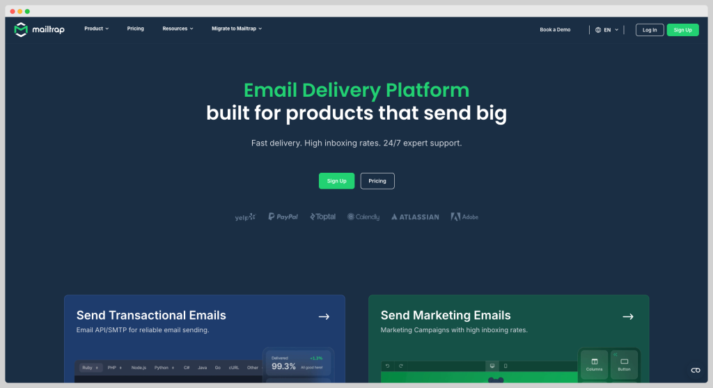 Mailtrap homepage.