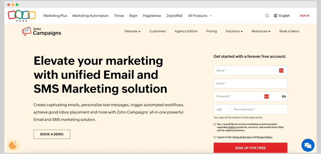 Zoho Campaigns - homepage of Zoho.