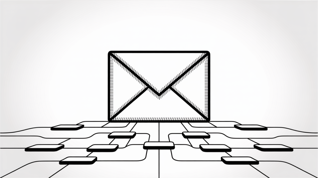Envelope connected to a digital network of rectangles, representing data distribution or email routing.