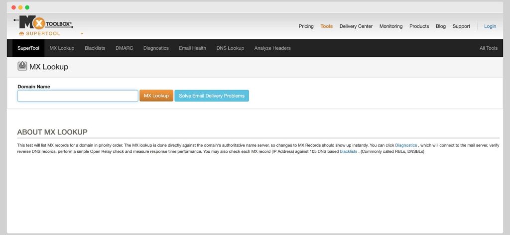 MxToolbox homepage.