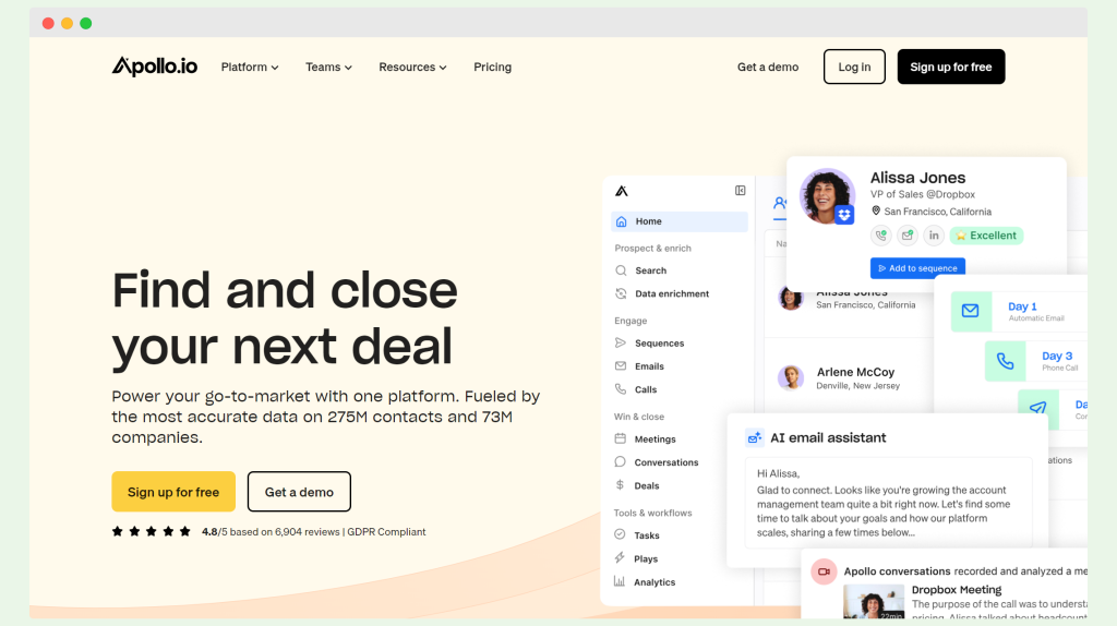Apollo.io is a data-rich Pabbly Email Marketing alternative that powers sales analytics, email personalization, and targeted campaigns across multiple applications with automated workflows.