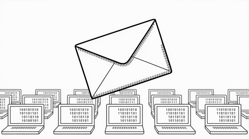 Envelope floating above multiple laptops with binary code, depicting mass email or digital message delivery.