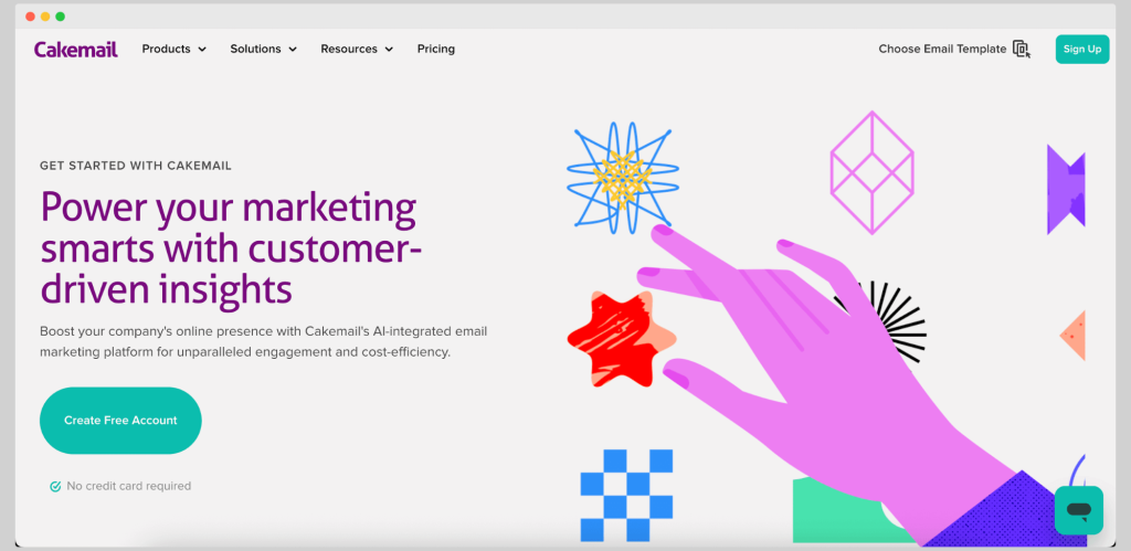Cakemail homepage, a tool with options to create email campaigns, view reports, and sign in with Facebook log.