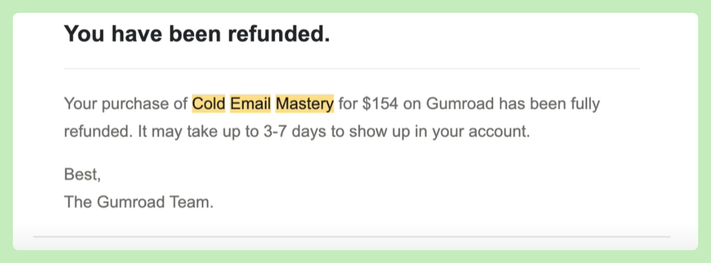 Cold Email Mastery course email with refunds information
