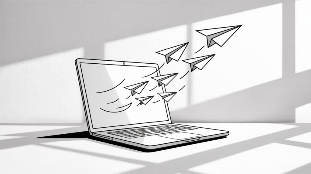 Paper airplanes flying out from a laptop screen, illustrating email blasts or message dissemination.