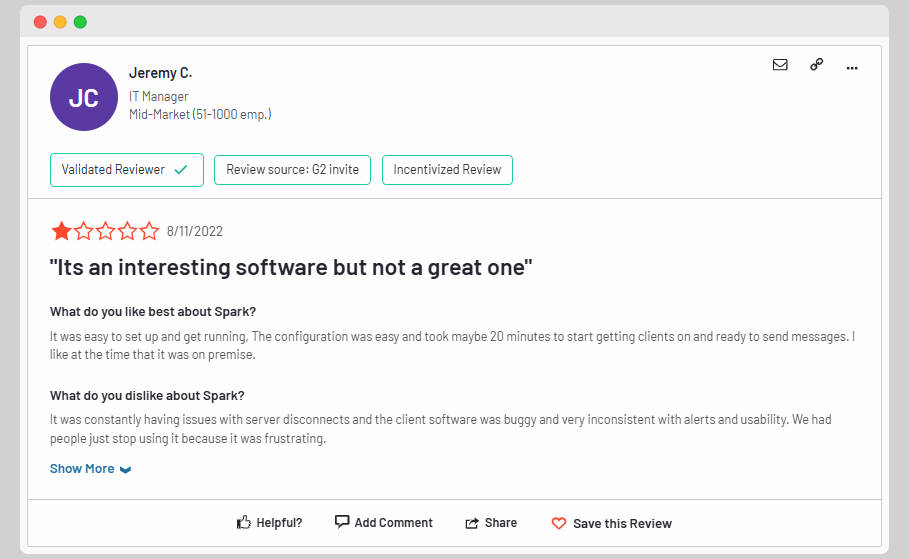 Spark email, a review from G2 with positive and negative feedback
