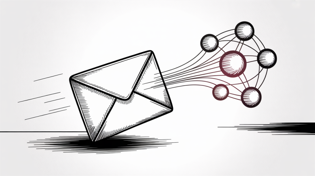 Envelope linked to interconnected nodes, symbolizing email in a network or communication system.