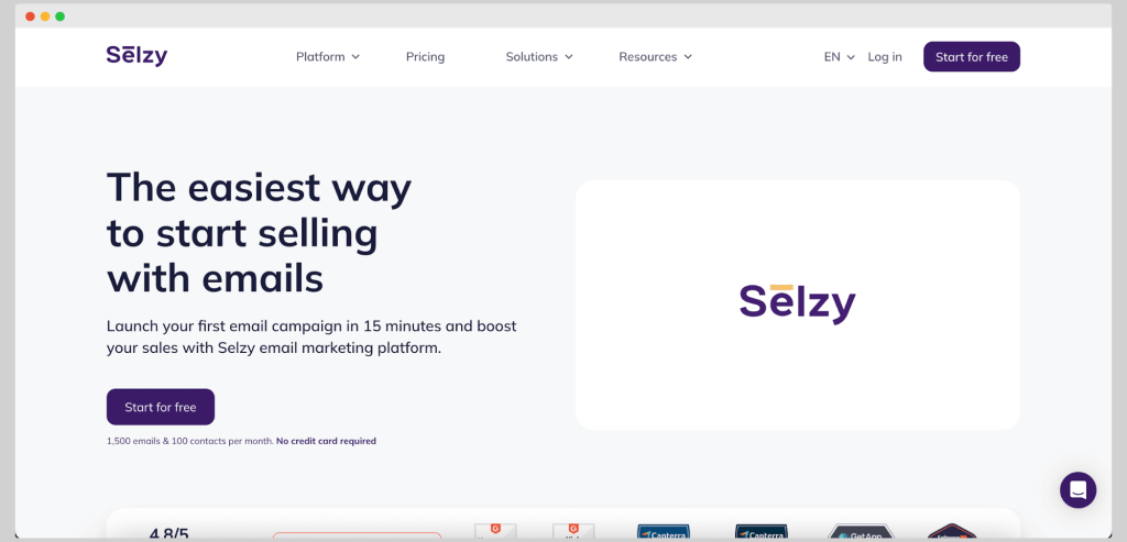 Selzy as Cakemail alternative, with homepage and start for free banner, you need username and password to try this tool