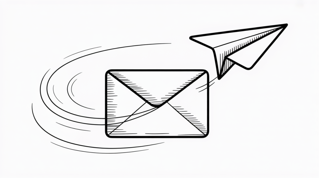 Line art of an envelope and paper airplane with motion lines, symbolizing sending email.
