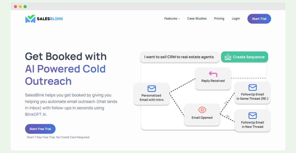 Salesblink homepage; a Clay cold email platform alternative.