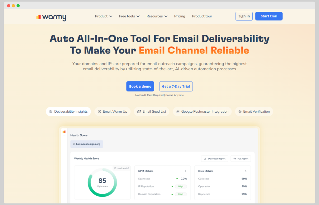 Warmy homepage; a platform for boosting email deliverability.