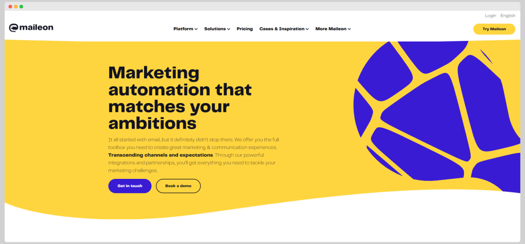 Maileon homepage; a tool for automating digital marketing.