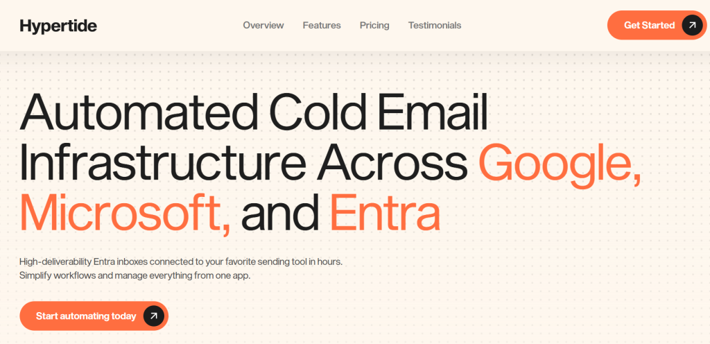 Hypertide homepage showing automated cold email infrastructure across Google Workspace and Microsoft Azure servers, where Hypertide automates inbox creation and setup in just a few hours.