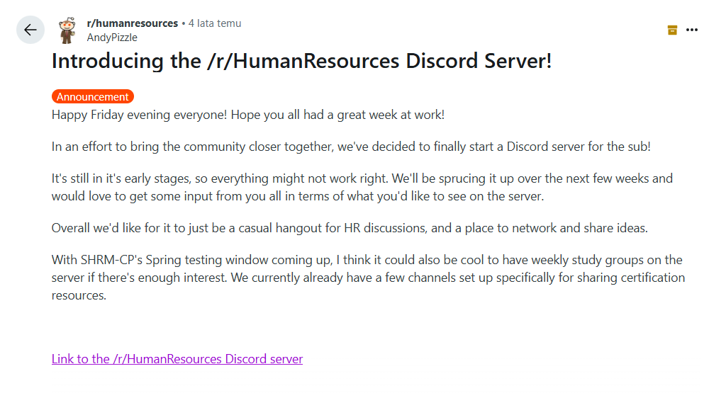Discord server for HR - example of a community