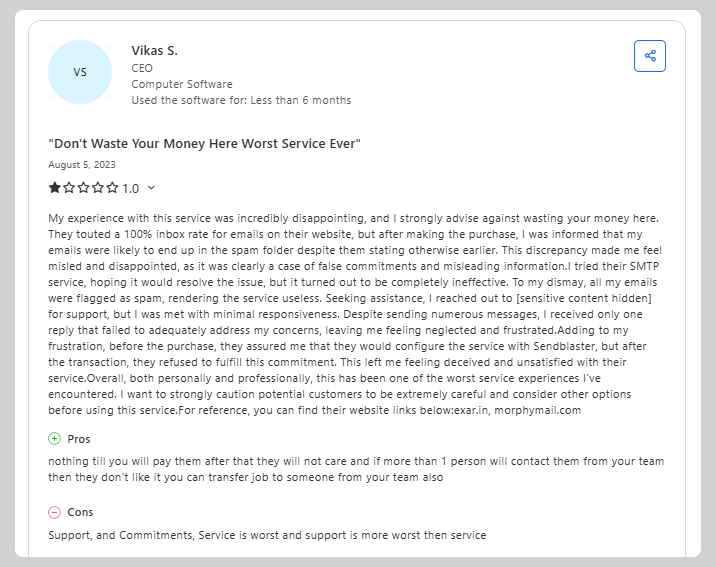 Morphymail user review from Capterra, with both pros and cons of this email and spam checker.
