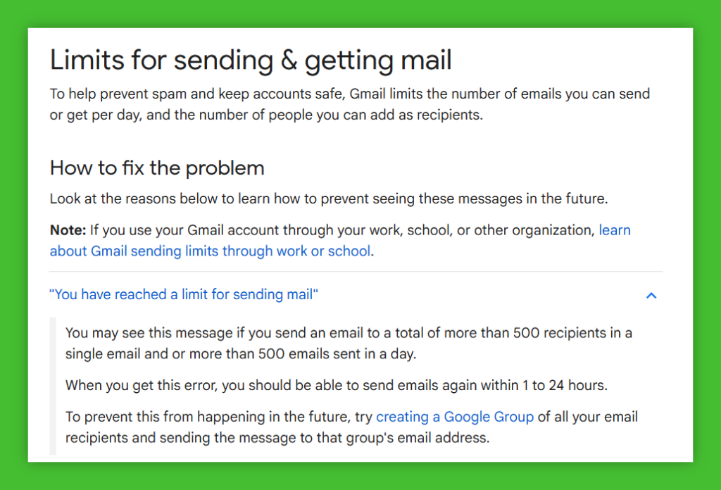 Email provider and account limits for sending email to avoid spam emails - Gmail