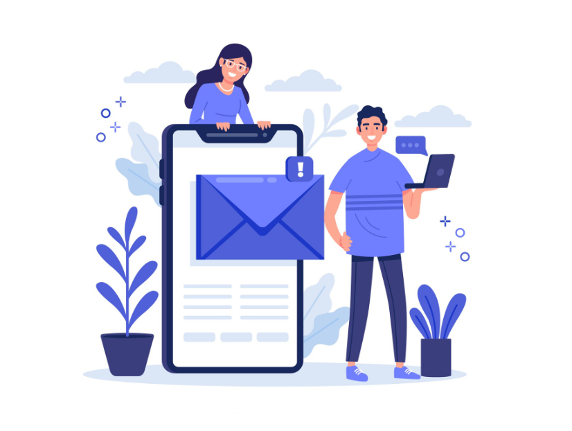 A woman and man next to mobile phone, sending well written email with high quality content.