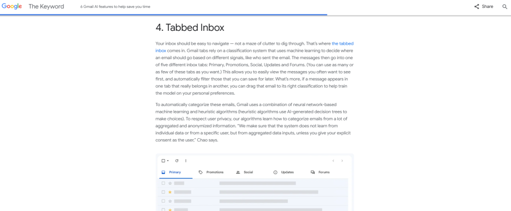 Gmail using AI to place emails in tabs based on the sender, content, and even how other users interact with similar messages - article.