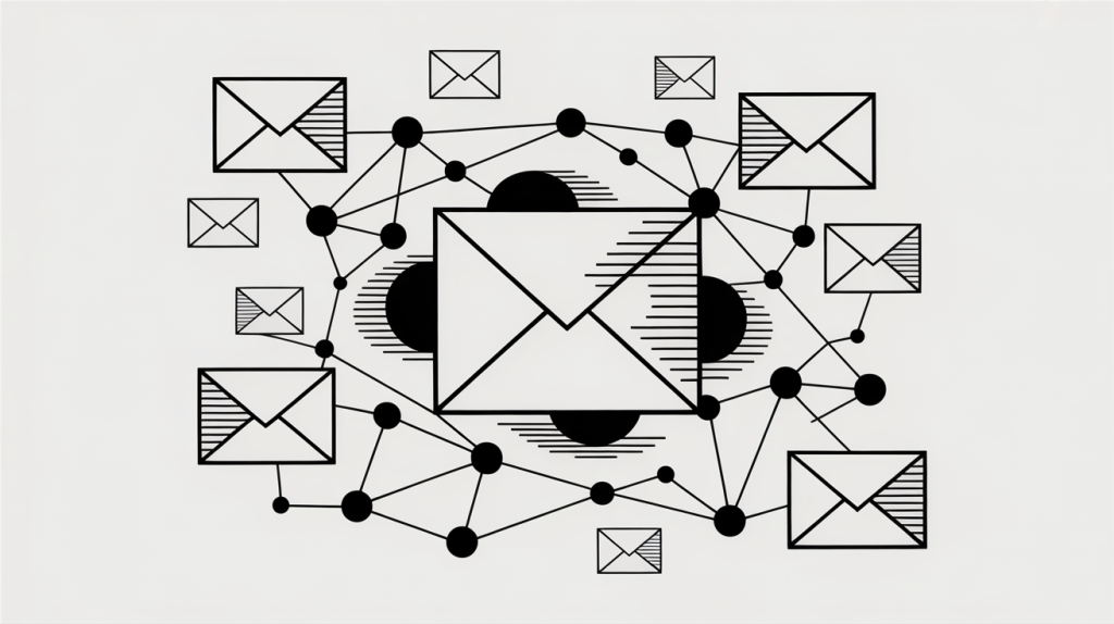 A network of connected envelopes and dots, visualizing omnichannel or email automation systems.