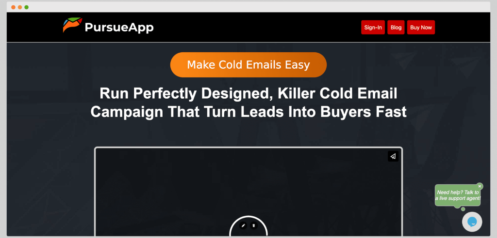 Pursueapp homepage; a a cloud‑based cold‑email marketing platform.
