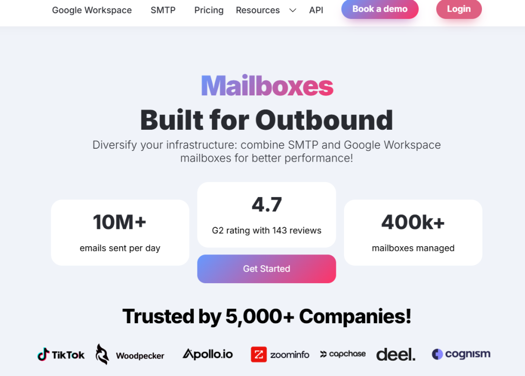 Outbound mailbox platform homepage highlighting automated inbox setup for Google Workspace and Microsoft mailboxes, manage multiple workspaces, and scalable infrastructure with transparent monthly cost.