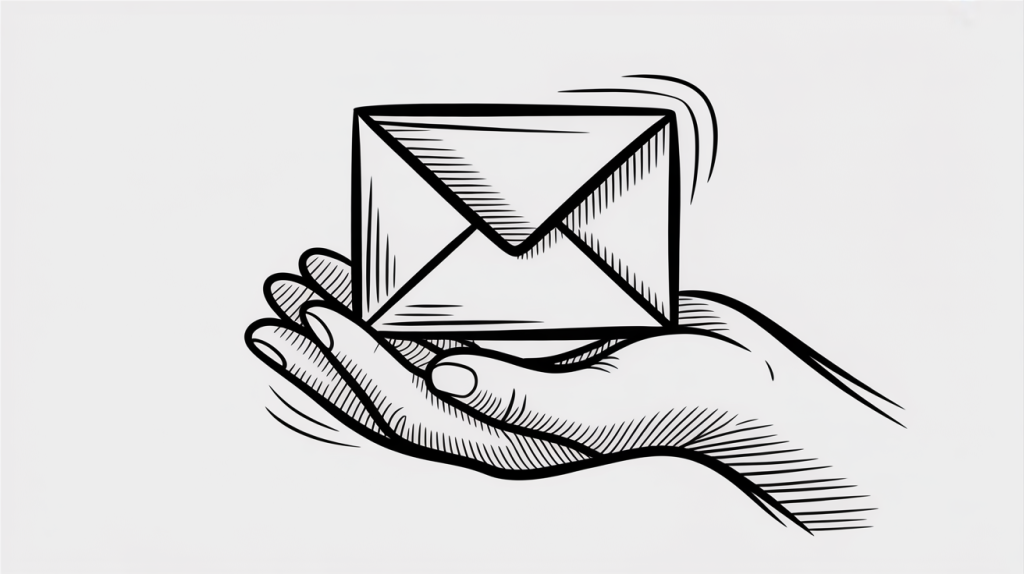 A stylized hand holding a sealed envelope, illustrated in bold black lines.