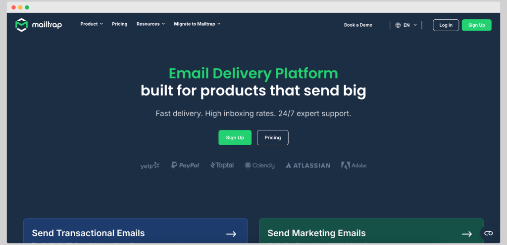 Mailtrap homepage.