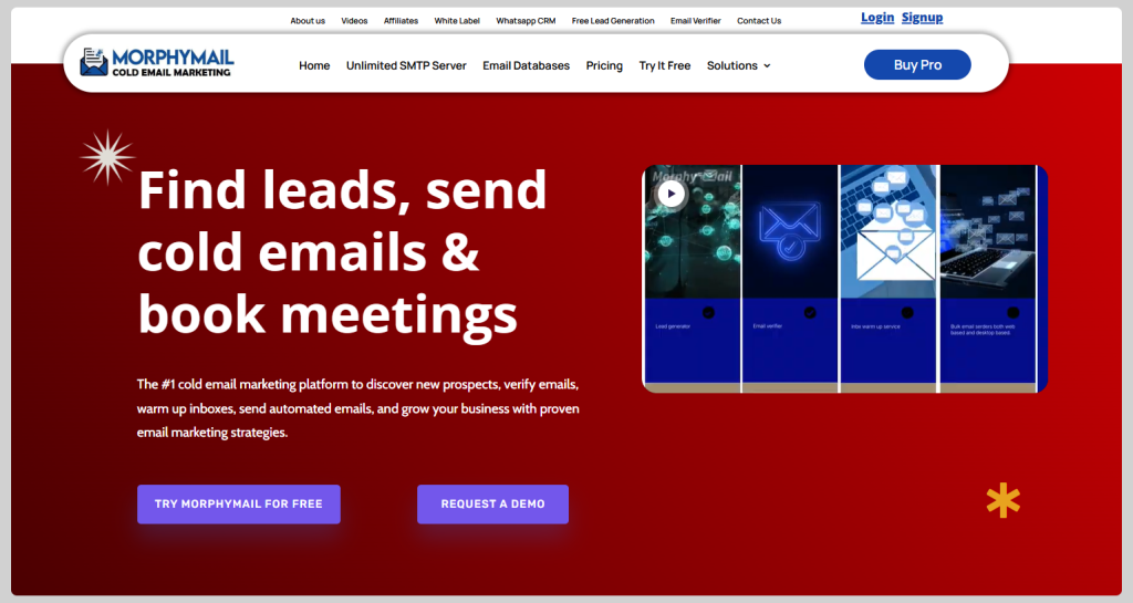 Morphymail hoempage, a build in email verifier with wysiwyg html editor to track unlimited bulk emails and use unlimited email sending.