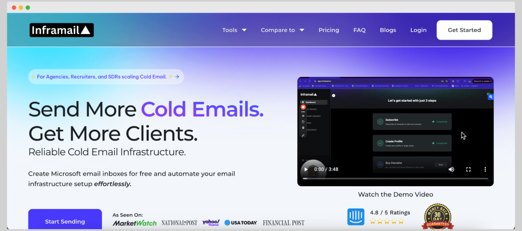 Inframail homepage; a cold email infrastructure tool/