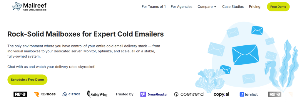 Mailreef homepage displaying cold email infrastructure with US IP addresses, own dedicated tenant environment, and tools to manage multiple client accounts without manual DNS work.