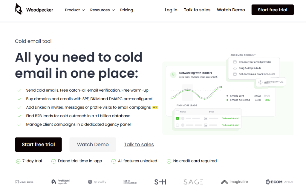 Woodpecker cold email tool homepage showing platform compatibility with multiple domains, automated campaign workflows, and native Outlook interface support for outbound teams.