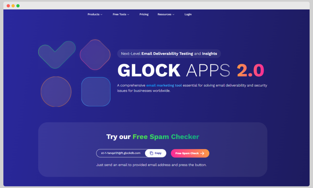GlockApps hompeage; a tool for reducing spam score with security measures.
