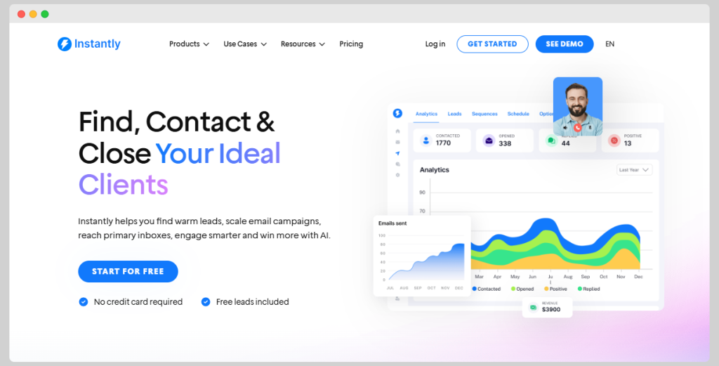 Instantly homepage, a tool for improving email deliverability, boosting organic traffic,reducing spam score.