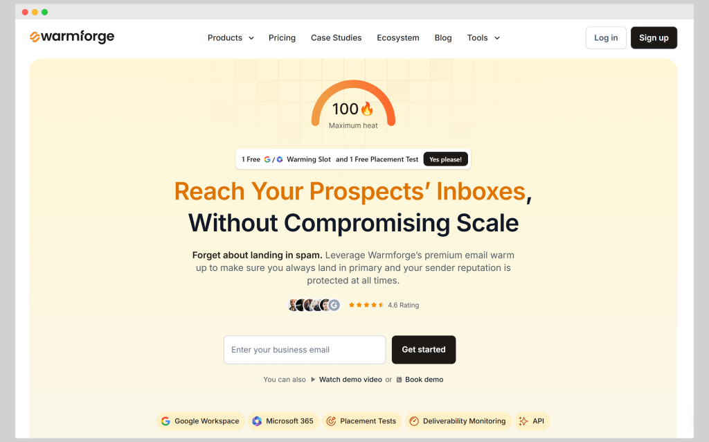 Warmforge homepage; an AI‑powered email warm‑up platform