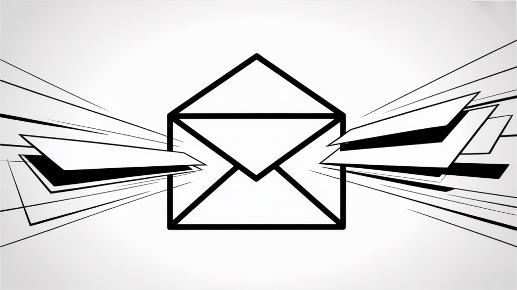A bold black envelope icon with stylized lines and papers flying in and out, symbolizing high-volume email communication or campaign bursts.
