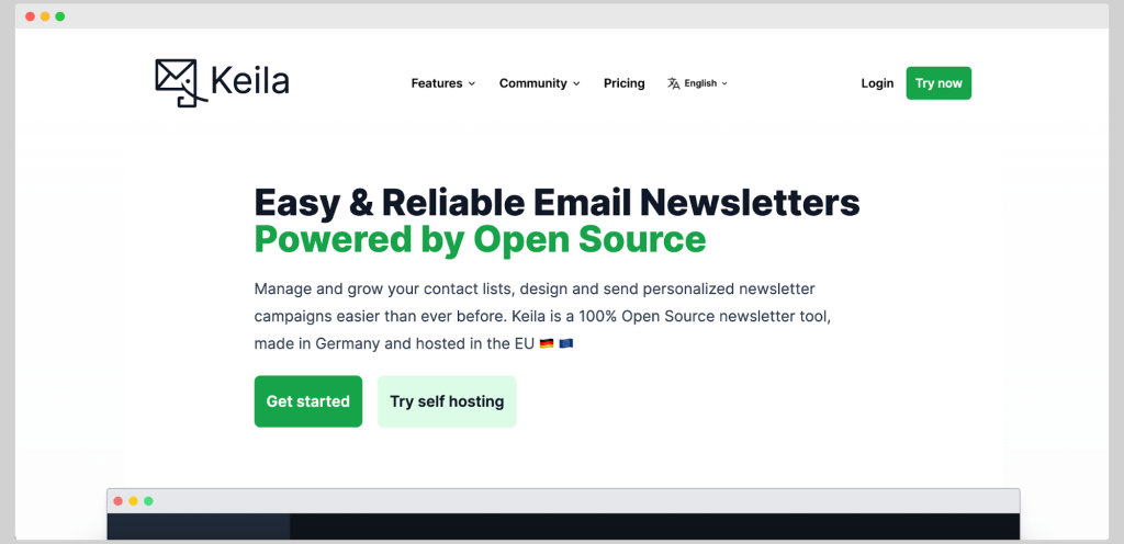 Keila’s homepage promoting open-source email newsletters with self-hosting and EU data hosting options.