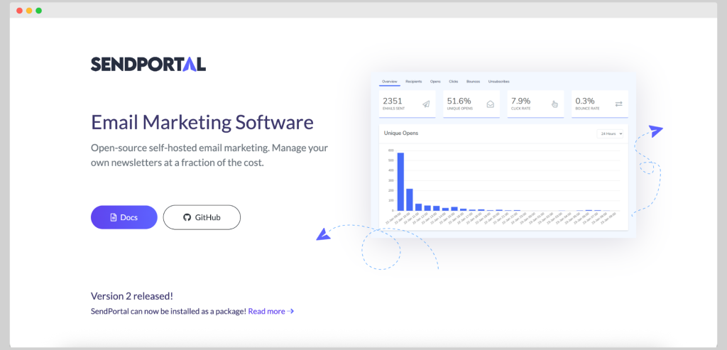 SendPortal dashboard highlighting email campaign metrics like open rate, click rate, and bounce rate.